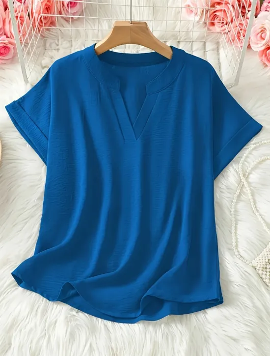 New Women's Blouse Solid Color Stylish Casual Short Sleeve V Neck Regular Tops Daily Black Army Green Blue Summer Women Blouses & Shirts