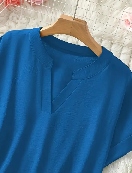 New Women's Blouse Solid Color Stylish Casual Short Sleeve V Neck Regular Tops Daily Black Army Green Blue Summer Women Blouses & Shirts