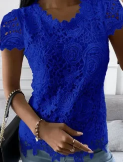 Women's Blouse Solid Color Elegant Daily Stylish Short Sleeve V Neck Regular Tops Daily Holiday Going out Lace White Pink Wine Blue Summer Spring Women Lace Tops