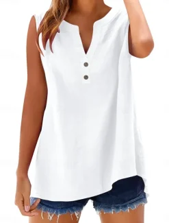 Discount Women's Blouse Solid Color Elegant Vintage Tropical Sleeveless V Neck Regular Tops Daily Holiday Buttons White Light Green Pink Blue Rose Pink Summer Spring Women Shirts
