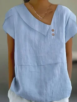Discount Women's Blouse Solid Color Elegant Casual Short Sleeve Asymmetrical Regular Tops Daily Holiday Pleated Summer Women Shirts