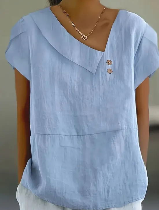Discount Women's Blouse Solid Color Elegant Casual Short Sleeve Asymmetrical Regular Tops Daily Holiday Pleated Summer Women Shirts