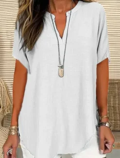 Women's Blouse Solid Color Elegant Casual Short Sleeve V Neck Regular Tops Daily Holiday Black White Pink Blue Green Summer Spring Women Blouses & Shirts