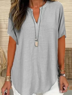 Women's Blouse Solid Color Elegant Casual Short Sleeve V Neck Regular Tops Daily Holiday Black White Pink Blue Green Summer Spring Women Blouses & Shirts