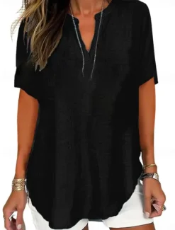Women's Blouse Solid Color Elegant Casual Short Sleeve V Neck Regular Tops Daily Holiday Black White Pink Blue Green Summer Spring Women Blouses & Shirts