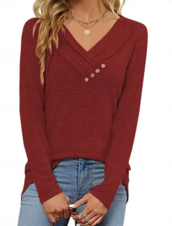 Best Women's Blouse Solid Color Stylish Casual Long Sleeve V Neck Regular Tops Daily Buttons Black Pink Wine Purple Summer Spring Women Blouses & Shirts