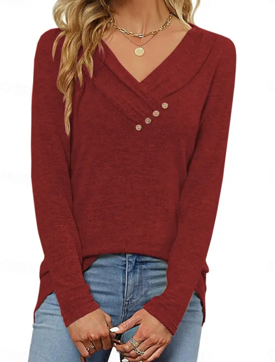 Best Women's Blouse Solid Color Stylish Casual Long Sleeve V Neck Regular Tops Daily Buttons Black Pink Wine Purple Summer Spring Women Blouses & Shirts