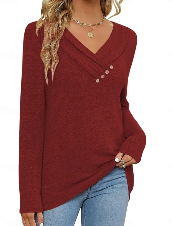 Best Women's Blouse Solid Color Stylish Casual Long Sleeve V Neck Regular Tops Daily Buttons Black Pink Wine Purple Summer Spring Women Blouses & Shirts