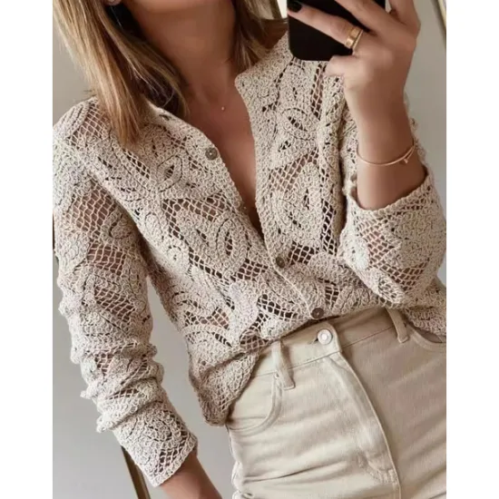 Best Women's Blouse Solid Color Basic Casual Long Sleeve Crew Neck Regular Tops Daily Hollow Out Buttons Fall Winter Women Lace Tops