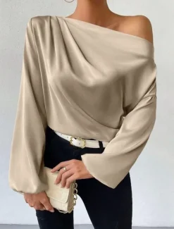 Sale Women's Blouse Solid Color Basic Casual Long Sleeve Lantern Sleeve Asymmetrical Regular Tops Work Daily Holiday Ruched Patchwork White Green Beige Spring Fall Women Blouses & Shirts