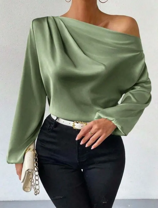 Sale Women's Blouse Solid Color Basic Casual Long Sleeve Lantern Sleeve Asymmetrical Regular Tops Work Daily Holiday Ruched Patchwork White Green Beige Spring Fall Women Blouses & Shirts