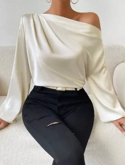 Sale Women's Blouse Solid Color Basic Casual Long Sleeve Lantern Sleeve Asymmetrical Regular Tops Work Daily Holiday Ruched Patchwork White Green Beige Spring Fall Women Blouses & Shirts