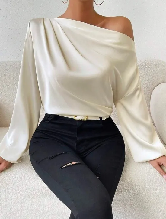 Sale Women's Blouse Solid Color Basic Casual Long Sleeve Lantern Sleeve Asymmetrical Regular Tops Work Daily Holiday Ruched Patchwork White Green Beige Spring Fall Women Blouses & Shirts