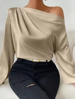 Sale Women's Blouse Solid Color Basic Casual Long Sleeve Lantern Sleeve Asymmetrical Regular Tops Work Daily Holiday Ruched Patchwork White Green Beige Spring Fall Women Blouses & Shirts