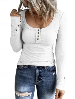 Hot Women's Blouse Solid Color Stylish Casual Long Sleeve Scoop Neck Regular Tops Daily Buttons Black White Pink Wine Blue Summer Spring Fall Women Blouses & Shirts