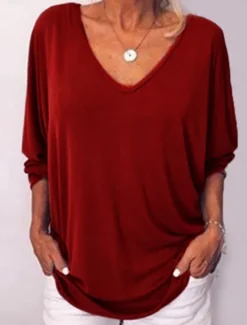Sale Women's Blouse Solid Color Stylish Casual Long Sleeve V Neck Regular Tops Daily Black White Wine Blue Orange Summer Spring Women T-Shirts