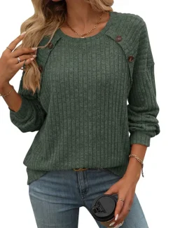 Discount Women's Blouse Solid Color Elegant Vintage Tropical Long Sleeve Crew Neck Regular Tops Work Daily Ruched Buttons claret Royal Blue Army Green Dark Gray Spring Fall Winter Women Hoodies & Sweatshirts
