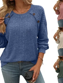 Discount Women's Blouse Solid Color Elegant Vintage Tropical Long Sleeve Crew Neck Regular Tops Work Daily Ruched Buttons claret Royal Blue Army Green Dark Gray Spring Fall Winter Women Hoodies & Sweatshirts