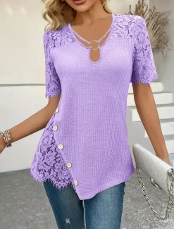 Women's Blouse Solid Color Elegant Stylish Casual Short Sleeve V Neck Regular Tops Daily Holiday Lace Buttons Purple Green Khaki Summer Women Lace Tops