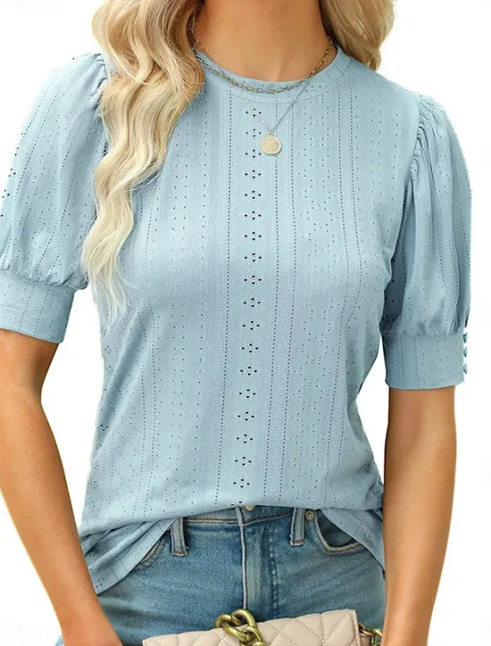 Best Women's Blouse Solid Color Elegant Stylish Casual Short Sleeve Crew Neck Regular Tops Work Daily Holiday Hollow Out White Yellow Pink Blue Summer Spring Fall Women Lace Tops