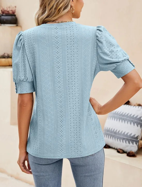 Best Women's Blouse Solid Color Elegant Stylish Casual Short Sleeve Crew Neck Regular Tops Work Daily Holiday Hollow Out White Yellow Pink Blue Summer Spring Fall Women Lace Tops