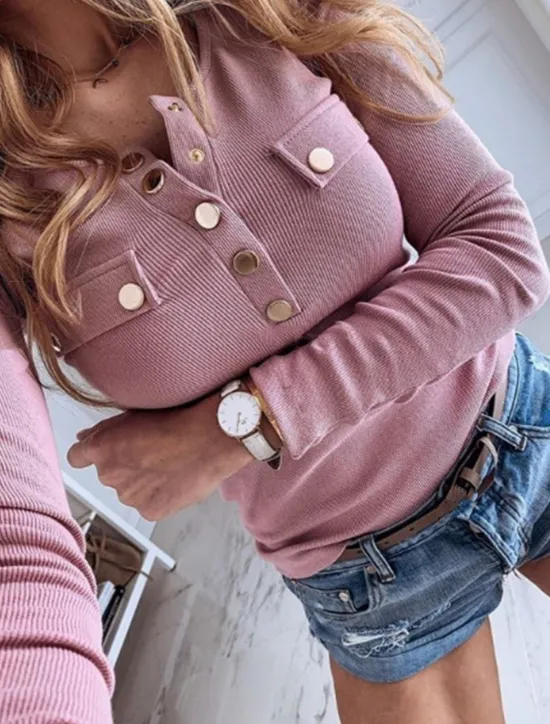 Clearance Women's Blouse Solid Color Stylish Casual Long Sleeve Crew Neck Regular Tops Daily Pocket Buttons Black Pink Blue Khaki Spring Fall Winter Women Tank Tops & Camis