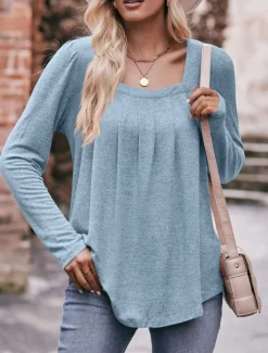 New Women's Blouse Solid Color Floral Plain Stylish Casual Long Sleeve Square Neck Regular Tops Daily Ruched Black Pink Blue Light Blue Summer Spring Fall Women Blouses & Shirts