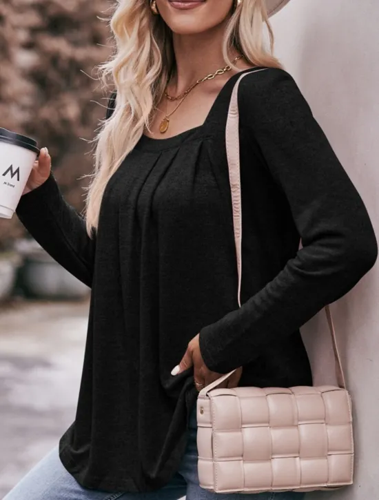 New Women's Blouse Solid Color Floral Plain Stylish Casual Long Sleeve Square Neck Regular Tops Daily Ruched Black Pink Blue Light Blue Summer Spring Fall Women Blouses & Shirts