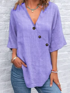 Hot Women's Blouse Solid Color Graphic Plain Elegant Daily Stylish Long Sleeve V Neck Regular Tops Daily Holiday Patchwork Buttons Asymmetric Light Green Blue Purple Light Grey Summer Spring Women Blouses & Shirts