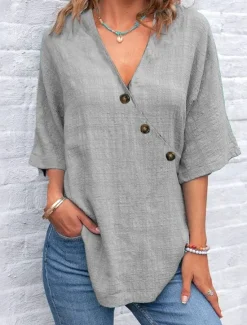 Hot Women's Blouse Solid Color Graphic Plain Elegant Daily Stylish Long Sleeve V Neck Regular Tops Daily Holiday Patchwork Buttons Asymmetric Light Green Blue Purple Light Grey Summer Spring Women Blouses & Shirts