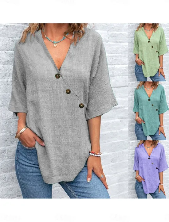 Hot Women's Blouse Solid Color Graphic Plain Elegant Daily Stylish Long Sleeve V Neck Regular Tops Daily Holiday Patchwork Buttons Asymmetric Light Green Blue Purple Light Grey Summer Spring Women Blouses & Shirts
