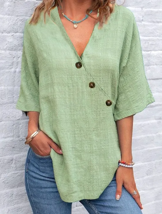 Hot Women's Blouse Solid Color Graphic Plain Elegant Daily Stylish Long Sleeve V Neck Regular Tops Daily Holiday Patchwork Buttons Asymmetric Light Green Blue Purple Light Grey Summer Spring Women Blouses & Shirts