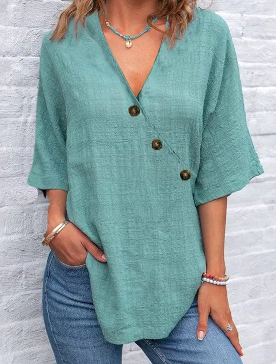 Hot Women's Blouse Solid Color Graphic Plain Elegant Daily Stylish Long Sleeve V Neck Regular Tops Daily Holiday Patchwork Buttons Asymmetric Light Green Blue Purple Light Grey Summer Spring Women Blouses & Shirts