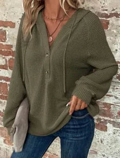 Best Women's Blouse Solid Color Stylish Casual Long Sleeve Hooded Regular Tops Daily Buttons Black Army Green Navy Blue Blue Brown Spring Fall Winter Women Hoodies & Sweatshirts