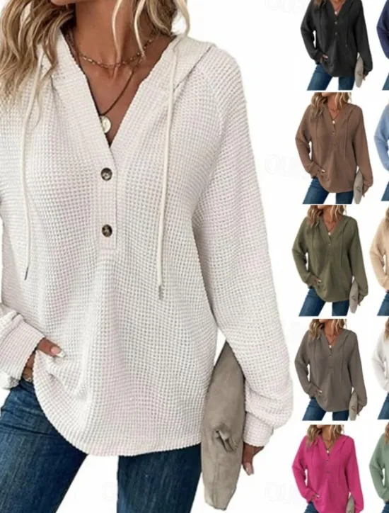 Best Women's Blouse Solid Color Stylish Casual Long Sleeve Hooded Regular Tops Daily Buttons Black Army Green Navy Blue Blue Brown Spring Fall Winter Women Hoodies & Sweatshirts