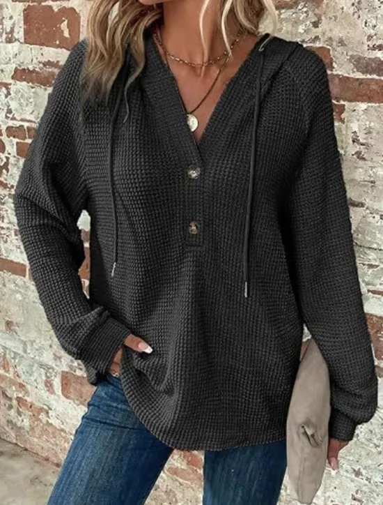 Best Women's Blouse Solid Color Stylish Casual Long Sleeve Hooded Regular Tops Daily Buttons Black Army Green Navy Blue Blue Brown Spring Fall Winter Women Hoodies & Sweatshirts