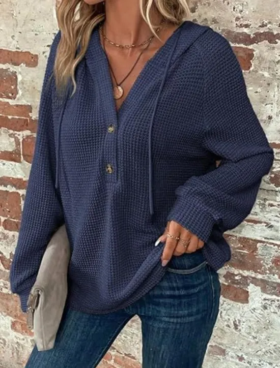 Best Women's Blouse Solid Color Stylish Casual Long Sleeve Hooded Regular Tops Daily Buttons Black Army Green Navy Blue Blue Brown Spring Fall Winter Women Hoodies & Sweatshirts