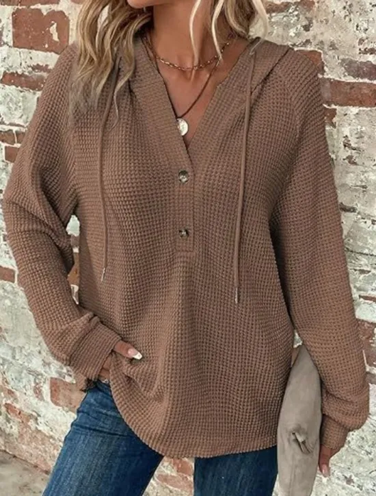 Best Women's Blouse Solid Color Stylish Casual Long Sleeve Hooded Regular Tops Daily Buttons Black Army Green Navy Blue Blue Brown Spring Fall Winter Women Hoodies & Sweatshirts