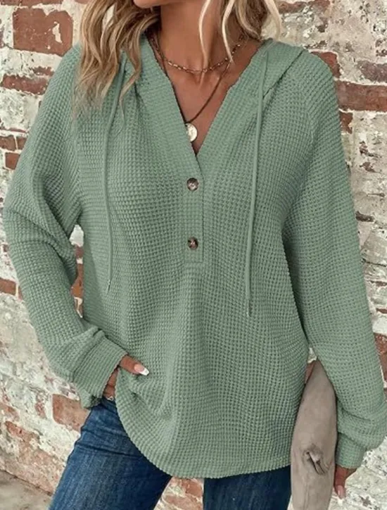 Best Women's Blouse Solid Color Stylish Casual Long Sleeve Hooded Regular Tops Daily Buttons Black Army Green Navy Blue Blue Brown Spring Fall Winter Women Hoodies & Sweatshirts