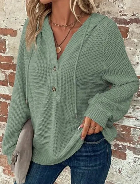 Best Women's Blouse Solid Color Stylish Casual Long Sleeve Hooded Regular Tops Daily Buttons Black Army Green Navy Blue Blue Brown Spring Fall Winter Women Hoodies & Sweatshirts