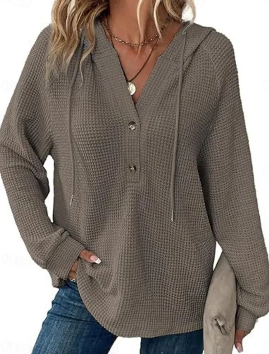 Best Women's Blouse Solid Color Stylish Casual Long Sleeve Hooded Regular Tops Daily Buttons Black Army Green Navy Blue Blue Brown Spring Fall Winter Women Hoodies & Sweatshirts