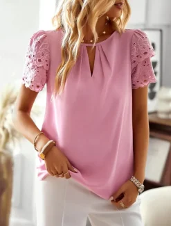 Clearance Women's Blouse Solid Color Stylish Casual Short Sleeve Crew Neck Regular Tops Daily Eyelet Summer Spring Women Lace Tops