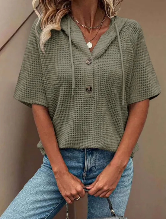 Hot Women's Blouse Solid Color Stylish Casual Short Sleeve Hooded Regular Tops Daily Buttons White Navy Blue Green Khaki Summer Spring Women Blouses & Shirts