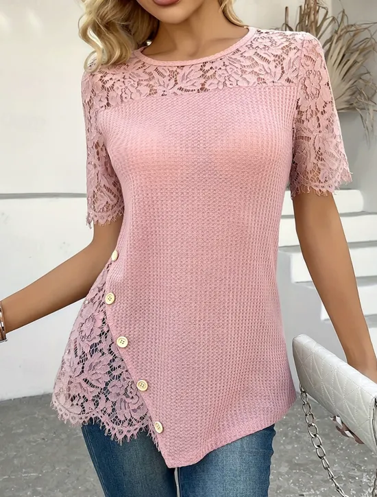 Discount Women's Blouse Solid Color Elegant Short Sleeve V Neck Regular Tops Daily Holiday Going out Lace Patchwork Buttons Summer Women Lace Tops
