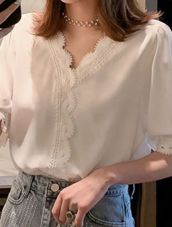 Online Women's Blouse Solid Color Stylish Basic Casual Short Sleeve Shirt Collar Regular Tops Daily Patchwork Buttons Lace Trim Summer Women Lace Tops