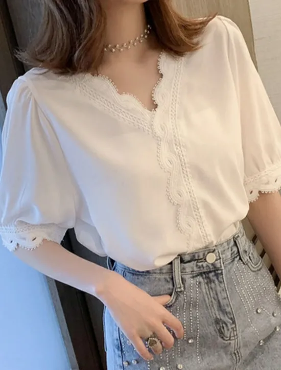 Online Women's Blouse Solid Color Stylish Basic Casual Short Sleeve Shirt Collar Regular Tops Daily Patchwork Buttons Lace Trim Summer Women Lace Tops