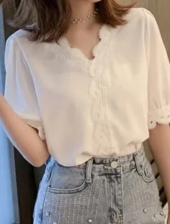 Online Women's Blouse Solid Color Stylish Basic Casual Short Sleeve Shirt Collar Regular Tops Daily Patchwork Buttons Lace Trim Summer Women Lace Tops
