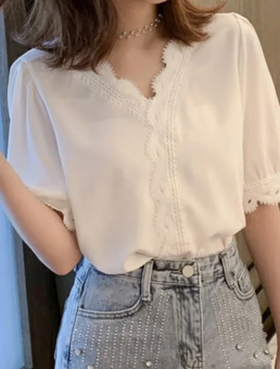 Online Women's Blouse Solid Color Stylish Basic Casual Short Sleeve Shirt Collar Regular Tops Daily Patchwork Buttons Lace Trim Summer Women Lace Tops