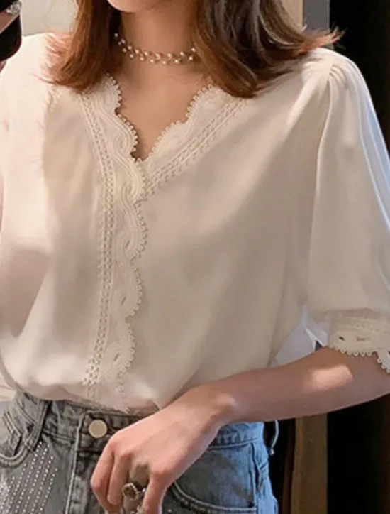 Online Women's Blouse Solid Color Stylish Basic Casual Short Sleeve Shirt Collar Regular Tops Daily Patchwork Buttons Lace Trim Summer Women Lace Tops