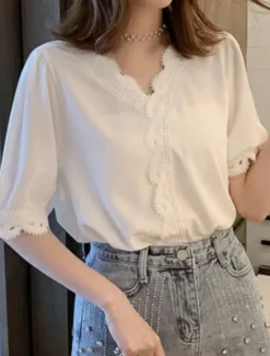 Online Women's Blouse Solid Color Stylish Basic Casual Short Sleeve Shirt Collar Regular Tops Daily Patchwork Buttons Lace Trim Summer Women Lace Tops